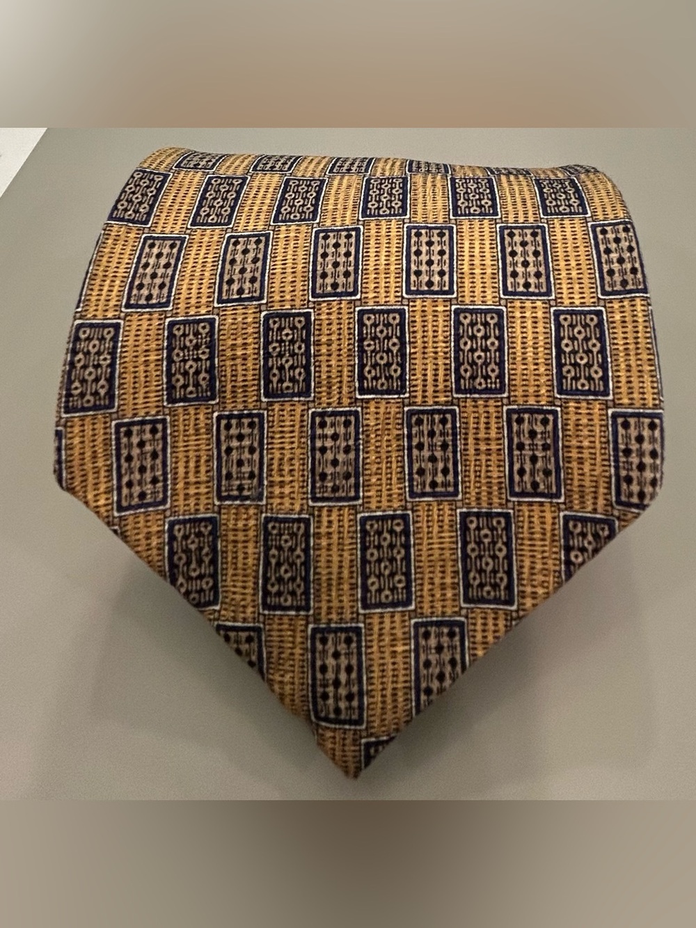 Vintage 90’s Kenneth Cole Gold and Navy Geometric Silk Tie Made in the USA